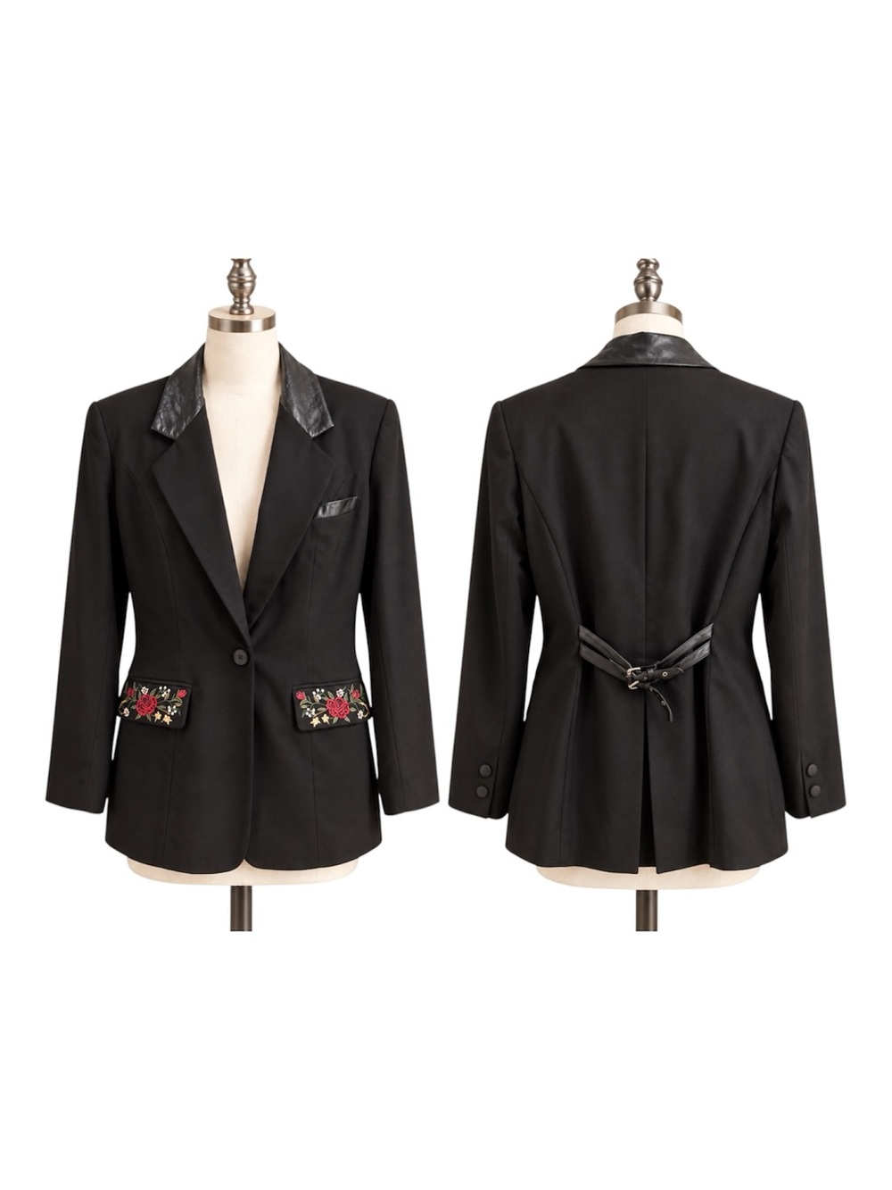 Vintage Together! Black Embroidered Blazer Faux Leather Trim Pockets Oversized 6